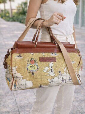 Travel by Sharif Vintage World Map Leather Trim Duffel Weekender Bag